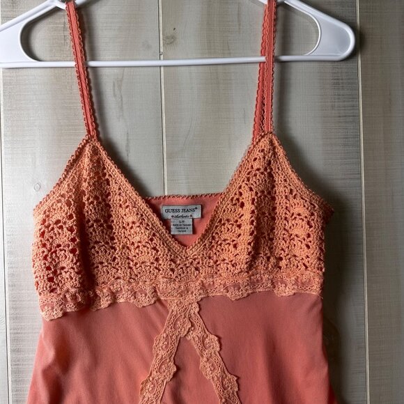 Guess Jeans Authentic Vintage Crochet & Nylon Peach Lace Trim Cami Top S/P - Picture 10 of 13